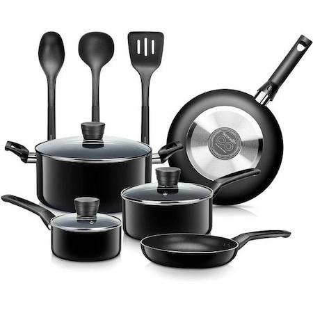 Serenelife Kitchenware Pots & Pans Set - Basic Kitchen Cookware, Black Non-Stick Coating Inside, Heat Resistant SLCW11BLK